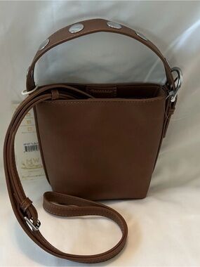 Madison West Brown/ Silver Studded Mini Bucket Bag crossbody